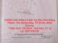 CHÍNH CHỦ BÁN Lô Đất Tại Khu Phố Đông Thành, Tân Đông Hiệp, TP Dĩ